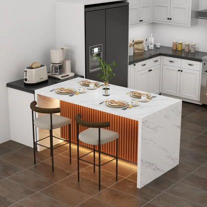 63" Modern Marble-Finish Dining Table with LED Lights — Stylish Island Table for 4–6