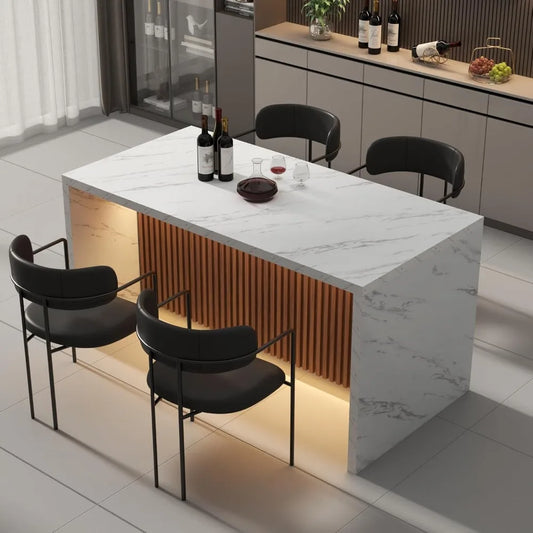 63" Modern Marble-Finish Dining Table with LED Lights — Stylish Island Table for 4–6