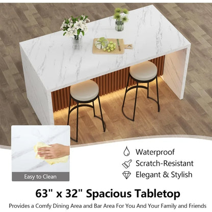 63" Modern Marble-Finish Dining Table with LED Lights — Stylish Island Table for 4–6