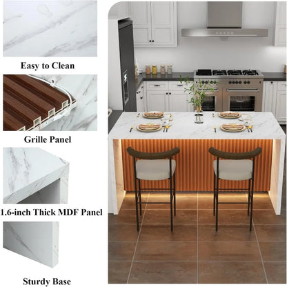 63" Modern Marble-Finish Dining Table with LED Lights — Stylish Island Table for 4–6