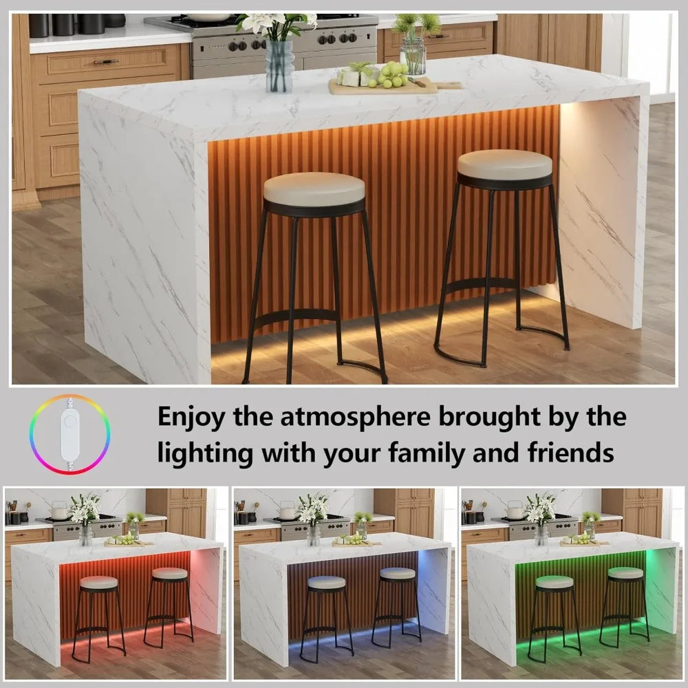 63" Modern Marble-Finish Dining Table with LED Lights — Stylish Island Table for 4–6