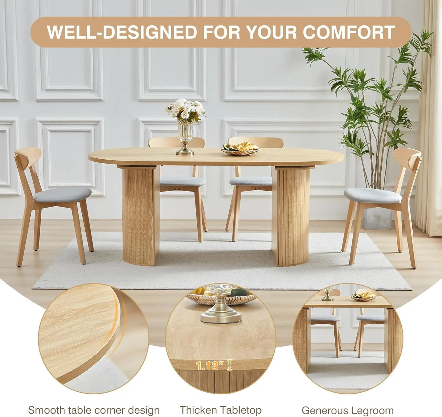 70.8" Oval Modern Farmhouse Dining Table — Spacious Seating for 4–6